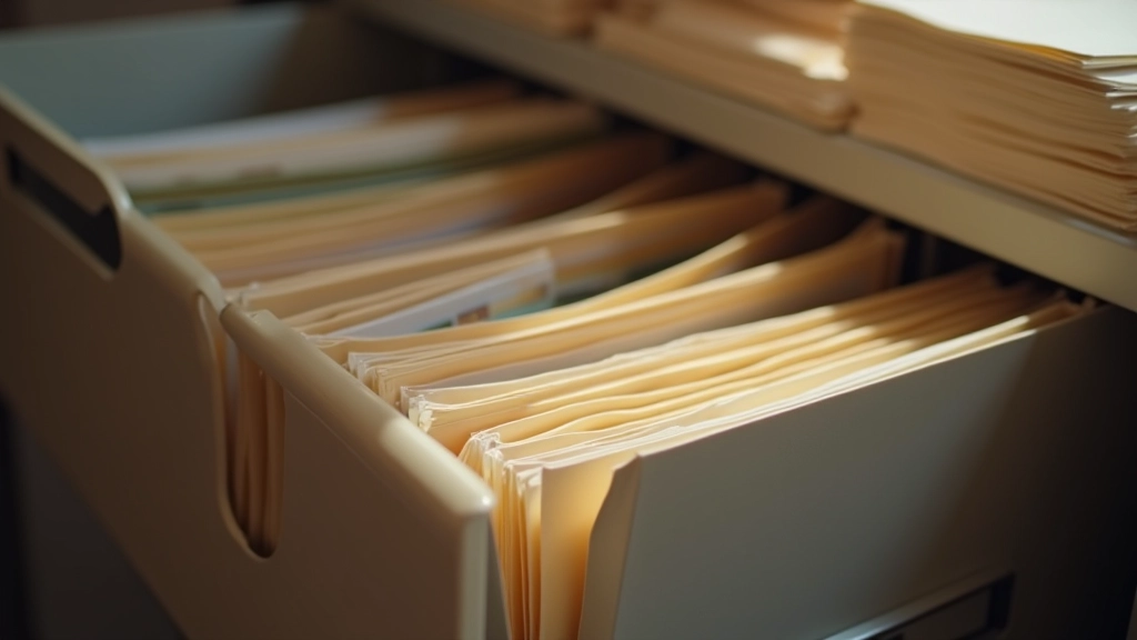 Classeur de documents administratifs organisés avec des étiquettes et des dossiers colorés