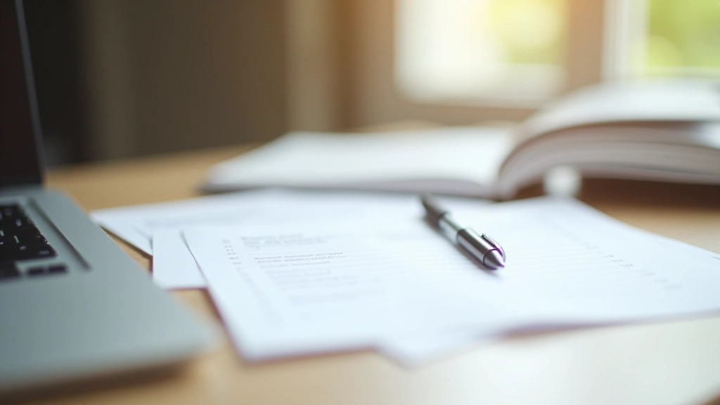 Bureau organisé avec documents administratifs, stylo et bloc-notes, lumière naturelle