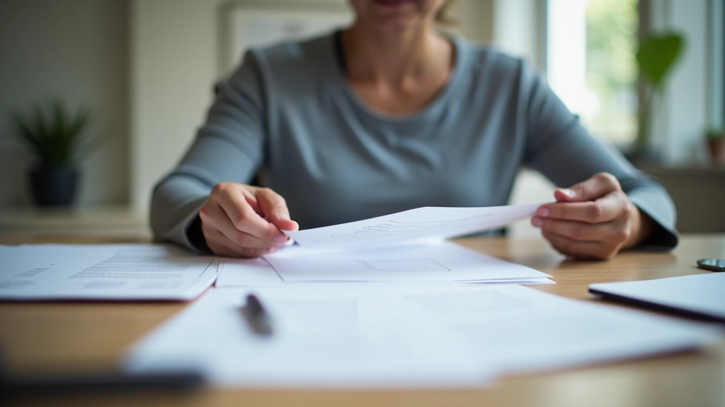 Personne consultant ses documents administratifs sur un bureau organisé avec un ordinateur portable