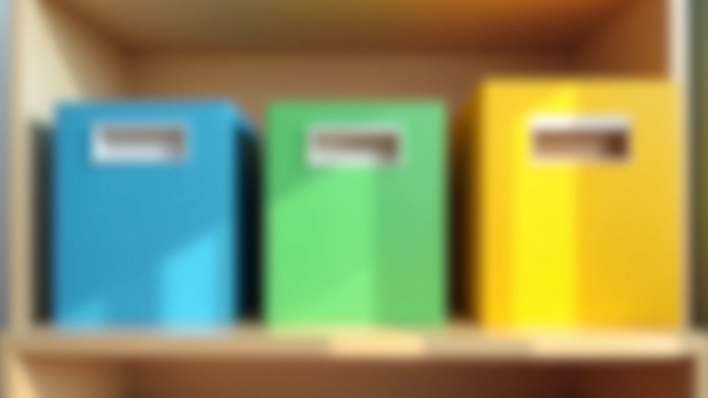 Trois boîtes de classement colorées représentant les trois catégories de documents organisés