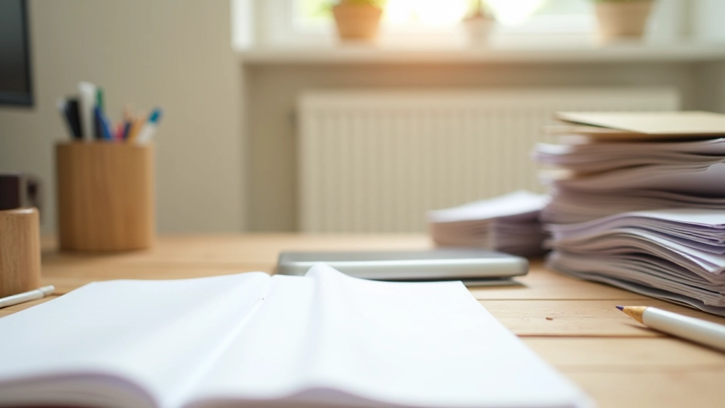 Espace de travail avec documents organisés, dossiers, et fournitures de bureau bien rangés